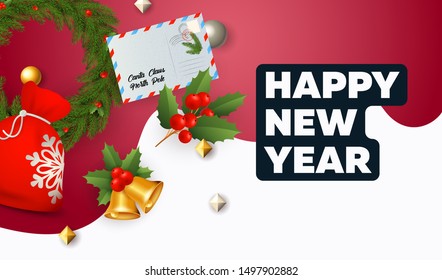 Happy New Year lettering, gifts sack, envelope, bells, mistletoe. New Year Day greeting card. Handwritten text, calligraphy. For leaflets, brochures, invitations, posters or banners.
