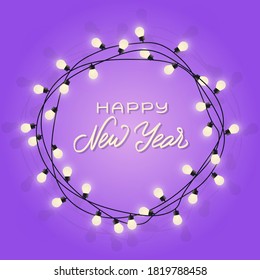 Happy New Year lettering in glowing lamp garland. Decorative wreath garland with bulbs. Holiday sign in circle lights border on blue background. Greeting card with round frame. Vector 