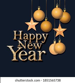 happy new year lettering of golden color over black background vector illustration design