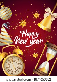 happy new year lettering with golden set icons vector illustration design