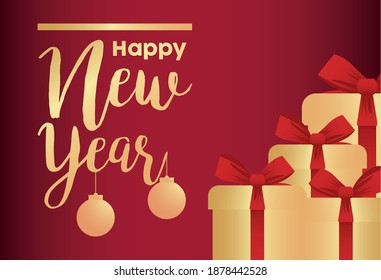 happy new year lettering golden card with gifts and balls vector illustration design