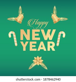 happy new year lettering golden card with bells and canes in green background vector illustration design