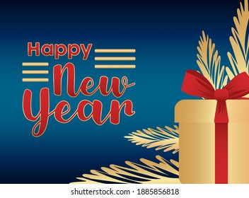 happy new year lettering golden card with gold gift and firs vector illustration design