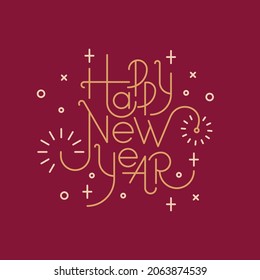 Happy New Year, lettering with a golden outline, an inscription with curls, a New Year's emblem on a cherry background with fireworks and sequins.