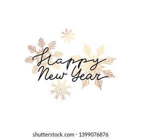 Happy new year lettering greeting card with gold snowflakes isolated on white background. Line style luxury design template for invitations, prints, greeting cards. Vector New Year minimalism card
