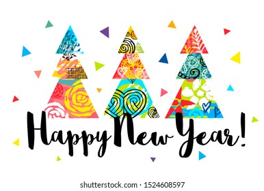 Happy New Year lettering greeting card. Christmas tree colorful decor. Seasons decoration design pattern, packaging, cover, banner. Hand drawn vector illustration.