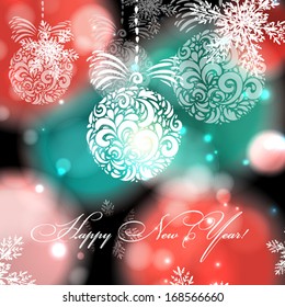Happy New Year lettering Greeting Card. Vector illustration. Blurred background with lights.