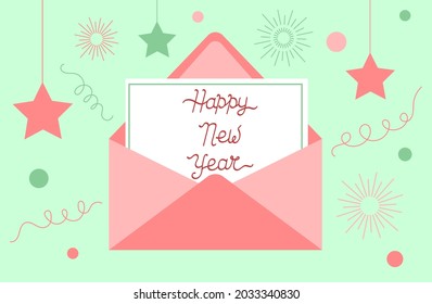 Happy New year lettering greeting card. Postcard in envelope. New year celebration. Vector flat poster illustration.