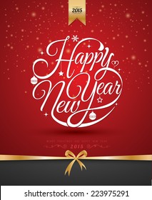 Happy New Year, lettering Greeting Card design circle text frame on red background, vector illustration.