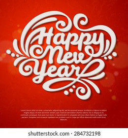 Happy New Year Lettering Greeting Card. Vector Illustration. Red Textured Background with Lights.