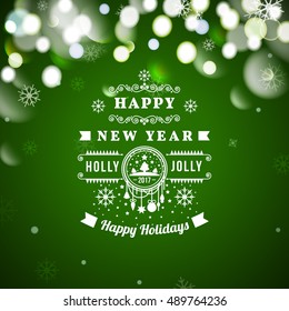 Happy New Year lettering Greeting Card. Typographic message. Vector illustration. Blurred background with lights.