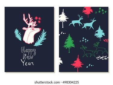 Happy New Year lettering. Greeting cards set with christmas symbols. Hand drawn illustration with deers and firs. Doodle style. 