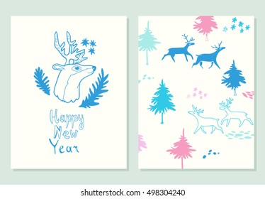 Happy New Year lettering. Greeting cards set with christmas symbols. Hand drawn illustration with deers and firs. Doodle style. 