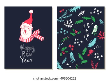 Happy New Year lettering. Greeting cards set with christmas symbols. Hand drawn illustration with bear in winter hat. Doodle style. 