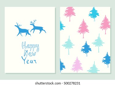Happy New Year lettering. Greeting cards set with christmas symbols. Hand drawn illustration with deers and firs. Doodle style.