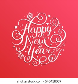 Happy New Year, lettering Greeting Card design circle text frame. Vector illustration.