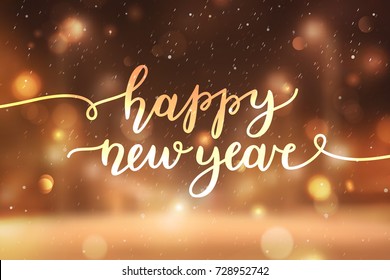 happy new year, lettering, greeting card of handwritten text on blurred background