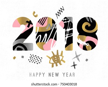Happy New Year Lettering. Greeting card. Drawn vector elements. White background. Gold silver pink black art. Hand drawn vector design.