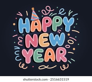 Feliz año Nuevo. Letras. Texto manuscrito del Año Nuevo en estilo retro. Se puede utilizar en el Diseño web, las redes sociales y la prensa.