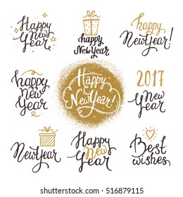 Happy New Year lettering. Handwritten texts set made with ink. Design for congratulation card, party invitation, banner, poster, flyer templates, golden texture. Isolated vector on white background.