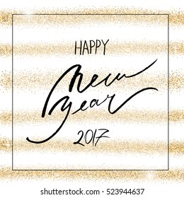 Happy New Year Lettering. Handwritten greeting card. Glitter gold background. Vector illustration.