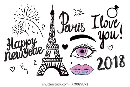 Happy New Year lettering. Illustration black ink Eiffel Tower. Vector decorations isolated on white background. Handwritten inscription Paris I love you. 