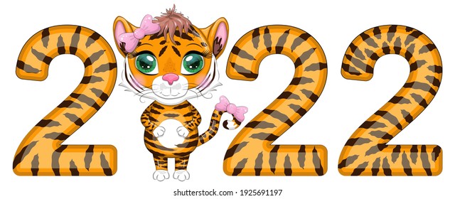 Happy New Year lettering and large tiger numbers 2022. Year of the Tiger. Striped 2022. Festive New Year greeting card
