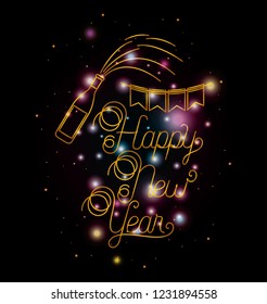 happy new year lettering with lights and icons