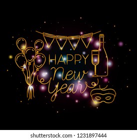 happy new year lettering with lights and icons