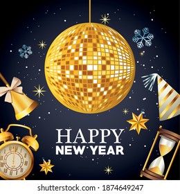 happy new year lettering with mirrors ball disco and set celebration icons vector illustration design