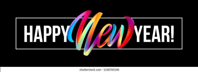 Happy New Year lettering on the background with a colorful brushstroke oil or acrylic paint design element. Vector illustration EPS10