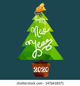 Happy new year lettering on christmas tree. Winter holiday, xmas greeting card vector template
