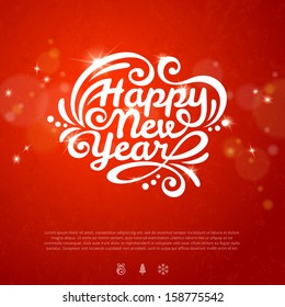 Happy New year Lettering on red background with flare lights. Christmas design with place for text. Vector illustration.