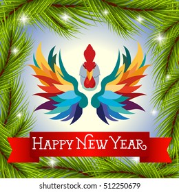 Happy New Year Lettering on Ribbon, Cock