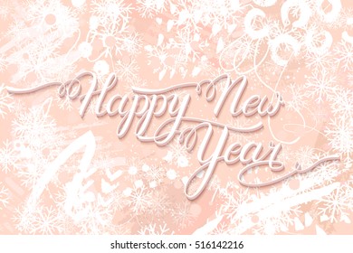 Happy New Year. Lettering on funny,joyful,acrylic brush strokes on background with dots, splashes,circles,lines.Greeting card in creative modern memphis 80's 90's pink and white stylized colors.