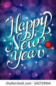 Happy New Year. Lettering on silver bokeh retro movie background.