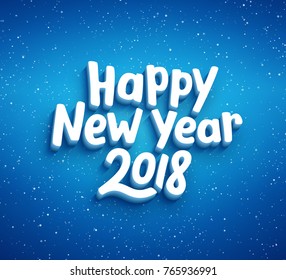 Happy New Year lettering on blue blurry vector background with sparkles. Greeting card design template with 3D typography label