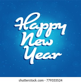 Happy New Year lettering on blue blurry vector background with sparkles. Greeting card design template with 3D typography