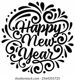 Happy New Year lettering with ornament. New Year Day design element. Handwritten text, calligraphy. For greeting cards, posters, leaflets and brochure.