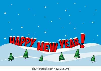 Happy new year lettering. Outdoor winter background, snowflakes, Red words comics pop art style. Blue colors. For greeting card, poster, banner, web, website. Landscape with trees