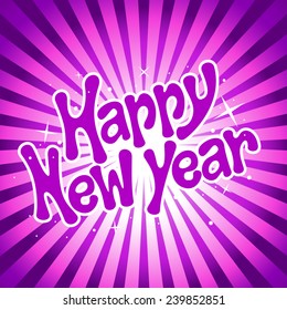 Happy New Year lettering over purple burst background