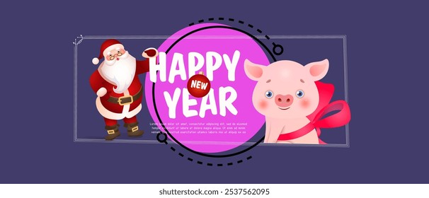 Happy New Year lettering with piglet and Santa Claus. New Year Day greeting card. Handwritten text, calligraphy. For leaflets, brochures, invitations, posters or banners.