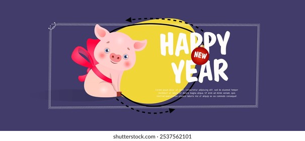 Happy New Year lettering and piglet with bow. New Year Day greeting card. Handwritten text, calligraphy. For leaflets, brochures, invitations, posters or banners.