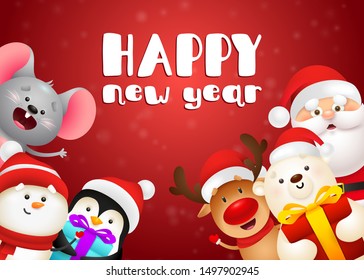Happy New Year lettering, polar bear, gift box, penguin, mouse. New Year Day greeting card. Typed text, calligraphy. For leaflets, brochures, invitations, posters or banners.