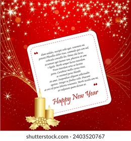 Happy new year lettering with sample text in red sparkle background