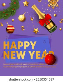 Happy New Year lettering, sample text, champagne bottle. New Year poster. Typed text, calligraphy. For leaflets, brochures, invitations, posters or banners.