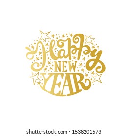 Happy New Year. Lettering. Stars. Gold. Isolated vector object on a white background.