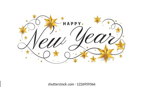 Happy new year lettering template. Greeting or gift voucher card with golden stars, typographic vintage illustration, calligraphic letter