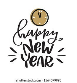 Happy New Year lettering text with midnight clock and burst lines isolated vector clipart on white background for wall art, cards, banners.