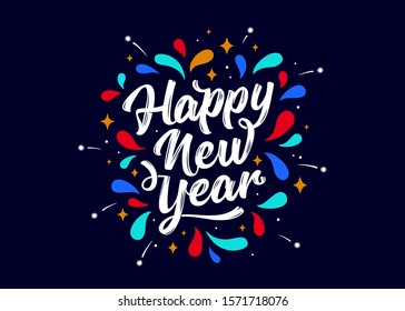 Happy New Year. Lettering text for Happy New Year or Merry Christmas. Greeting card, poster, banner with script text happy new year. Holiday background with color graphic. Vector Illustration